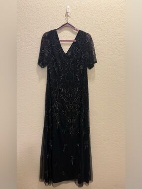 Adrianna Papell Dark Blue Beaded V-Neck Elegant Dress